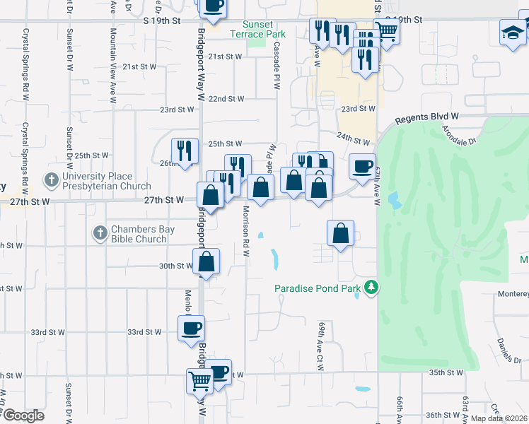 map of restaurants, bars, coffee shops, grocery stores, and more near 7216 27th Street West in University Place