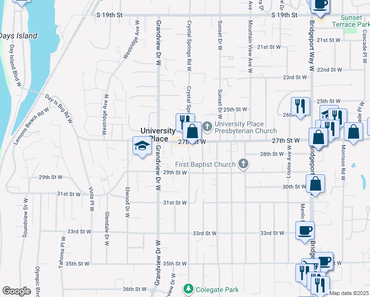 map of restaurants, bars, coffee shops, grocery stores, and more near 8312 27th Street West in University Place