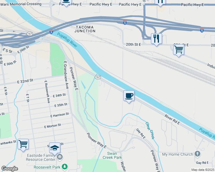 map of restaurants, bars, coffee shops, grocery stores, and more near 2411 28th Avenue East in Tacoma