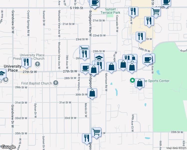 map of restaurants, bars, coffee shops, grocery stores, and more near 2709 Bridgeport Way West in University Place