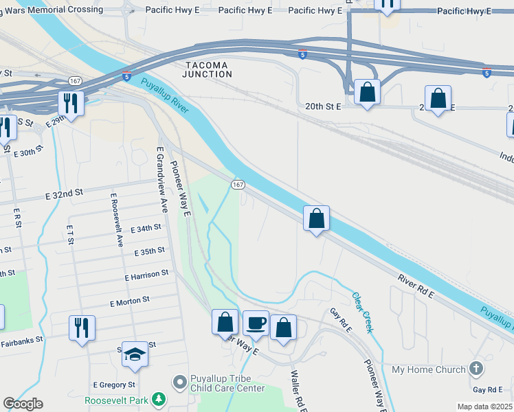 map of restaurants, bars, coffee shops, grocery stores, and more near 2411 28th Avenue East in Tacoma