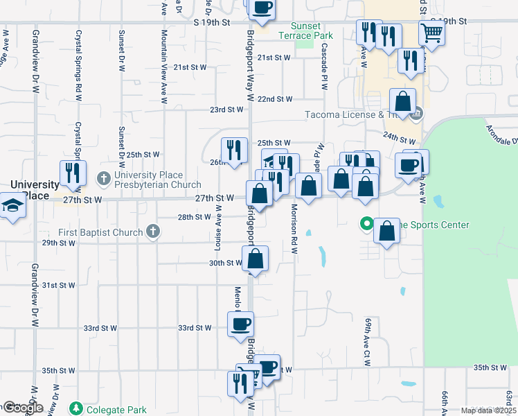 map of restaurants, bars, coffee shops, grocery stores, and more near 2709 Bridgeport Way West in University Place