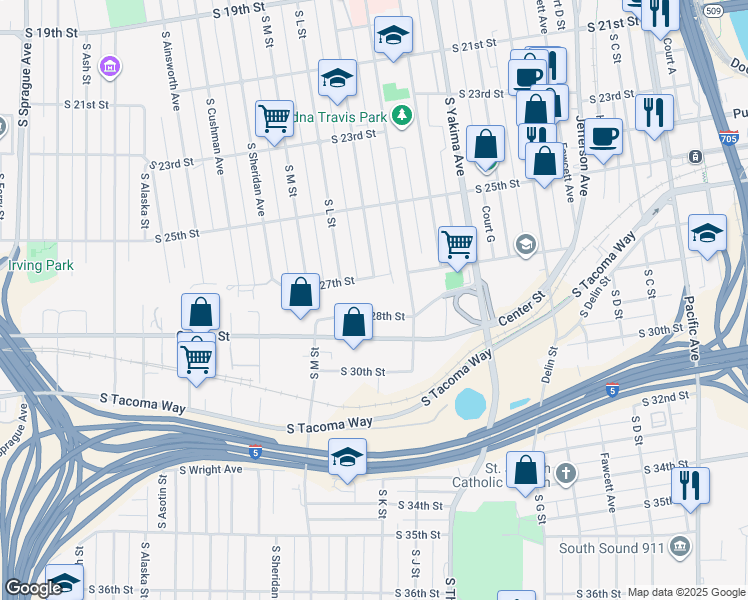 map of restaurants, bars, coffee shops, grocery stores, and more near 1101 South 28th Street in Tacoma
