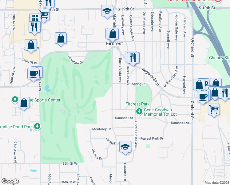 map of restaurants, bars, coffee shops, grocery stores, and more near 520 Buena Vista Avenue in Fircrest