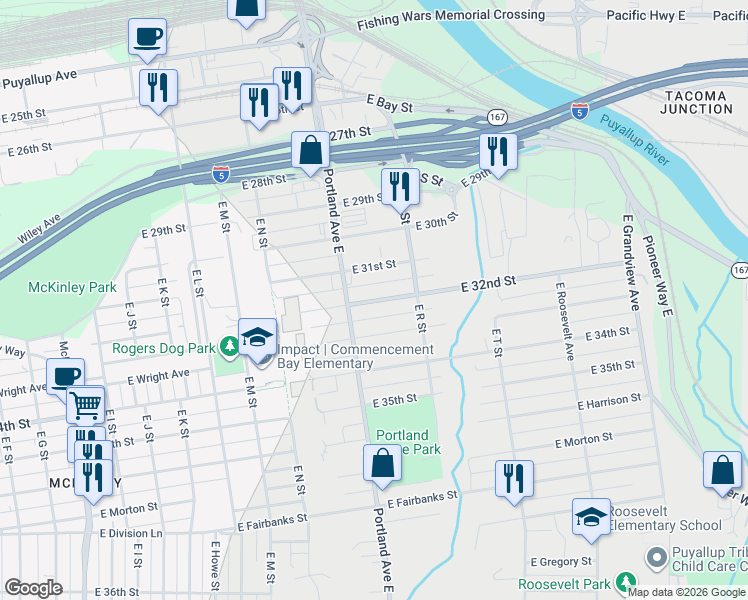 map of restaurants, bars, coffee shops, grocery stores, and more near 1607 East 32nd Street in Tacoma