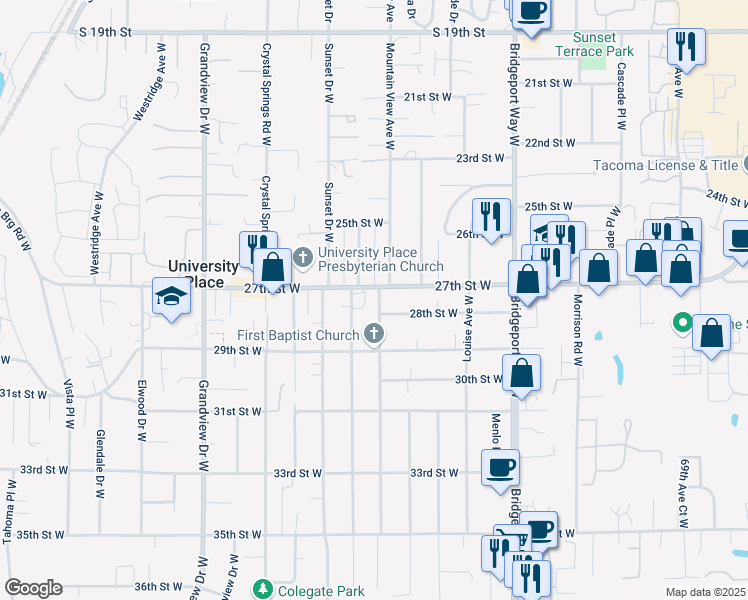 map of restaurants, bars, coffee shops, grocery stores, and more near 2707-2711 Mountain View Avenue West in University Place