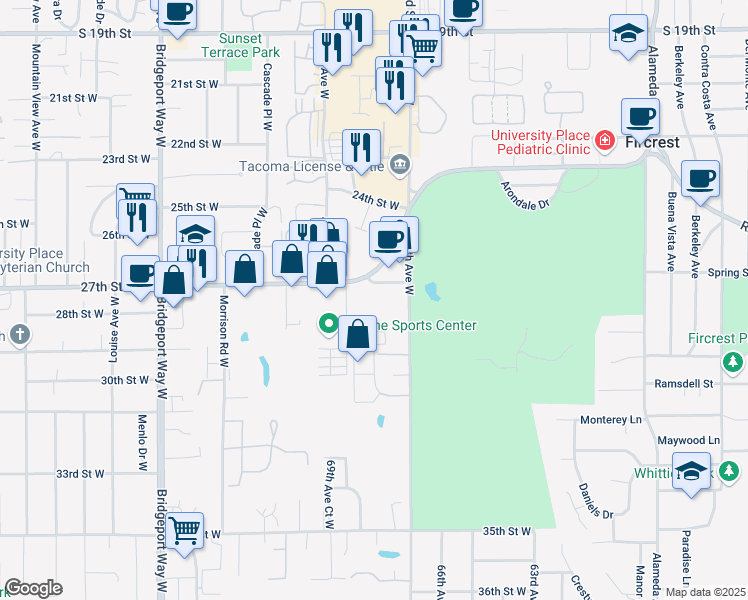 map of restaurants, bars, coffee shops, grocery stores, and more near 6712 27th Street West in University Place