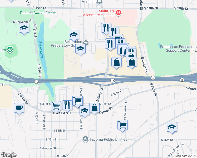 map of restaurants, bars, coffee shops, grocery stores, and more near Washington 16 in Tacoma