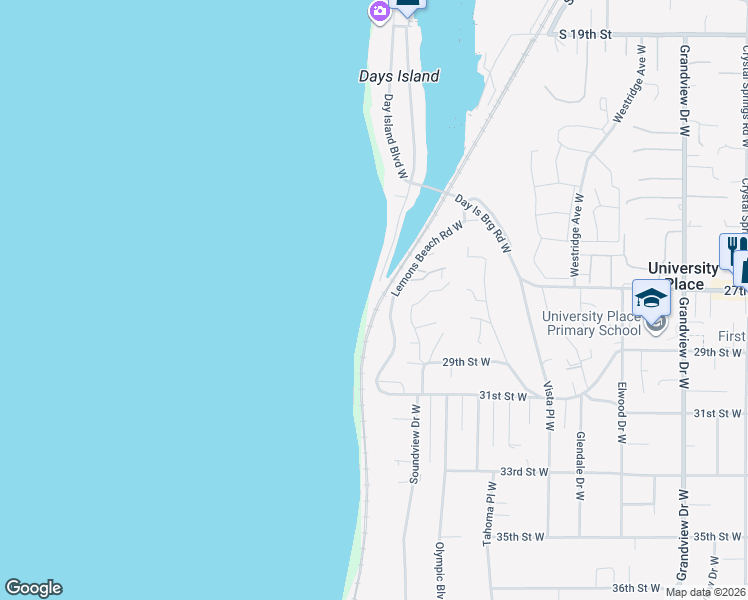 map of restaurants, bars, coffee shops, grocery stores, and more near 2711 Day Island Boulevard East in University Place
