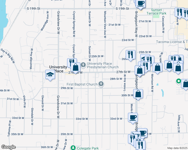 map of restaurants, bars, coffee shops, grocery stores, and more near 2708 Locust Avenue West in University Place