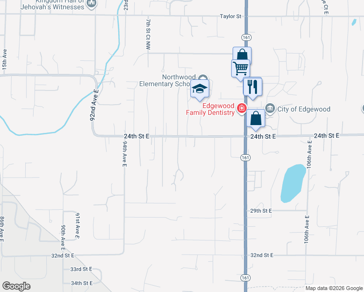 map of restaurants, bars, coffee shops, grocery stores, and more near 2412 98th Avenue East in Edgewood