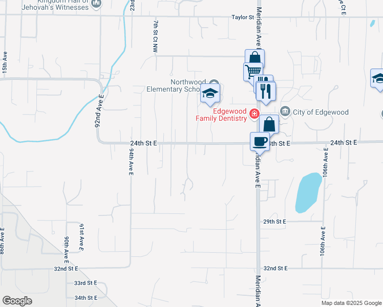 map of restaurants, bars, coffee shops, grocery stores, and more near 2412 98th Avenue East in Edgewood