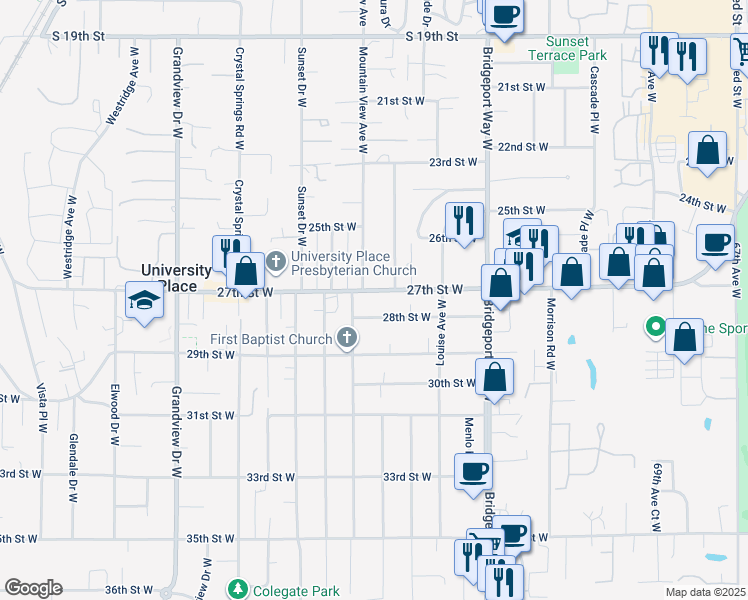 map of restaurants, bars, coffee shops, grocery stores, and more near 2707-2711 Mountain View Avenue West in University Place