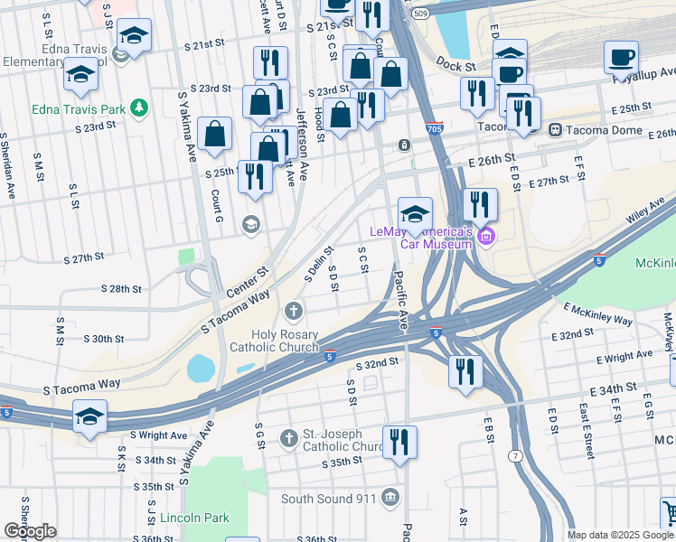 map of restaurants, bars, coffee shops, grocery stores, and more near 2821 South D Street in Tacoma