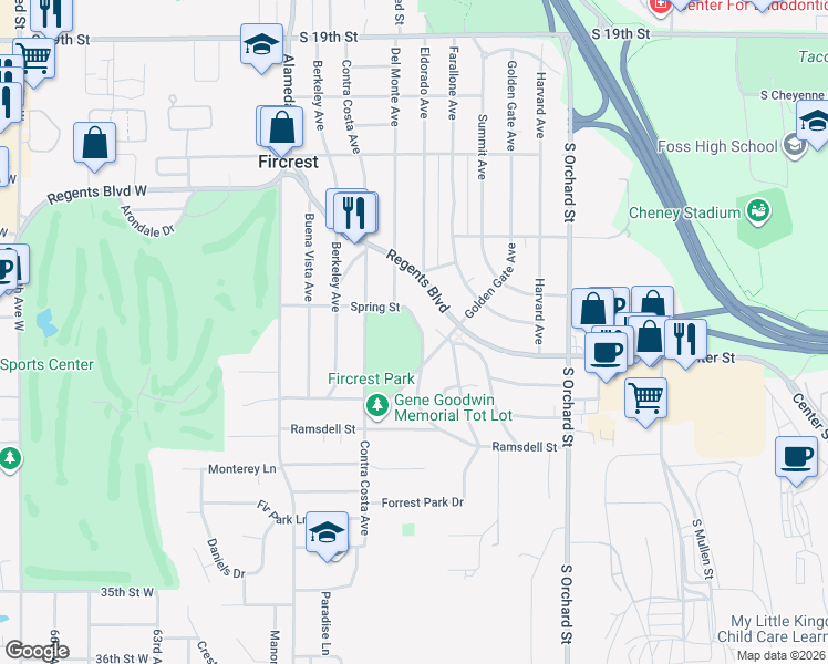 map of restaurants, bars, coffee shops, grocery stores, and more near 424 Spring Street in Fircrest