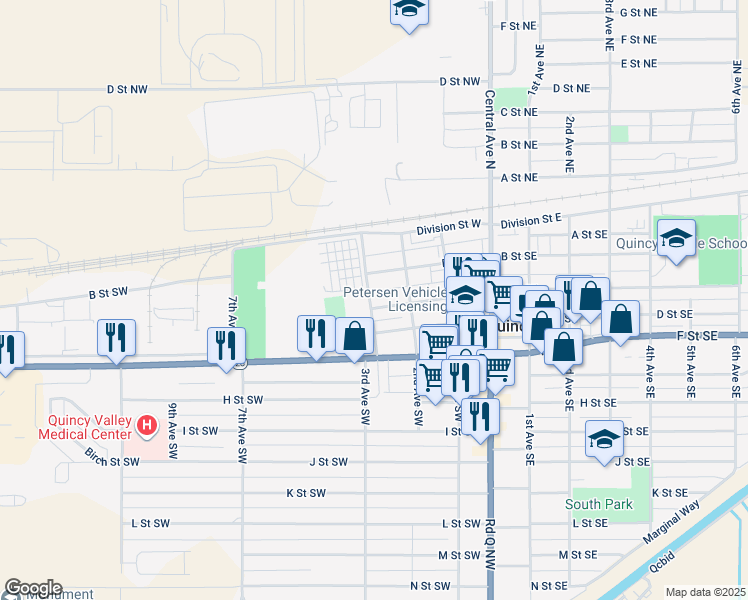 map of restaurants, bars, coffee shops, grocery stores, and more near 218 3rd Avenue Southwest in Quincy