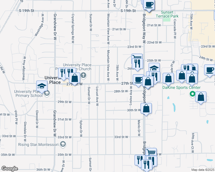 map of restaurants, bars, coffee shops, grocery stores, and more near 2707-2711 Mountain View Avenue West in University Place