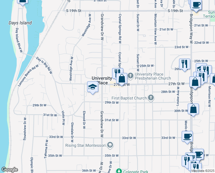 map of restaurants, bars, coffee shops, grocery stores, and more near 2709 84th Avenue Court West in University Place