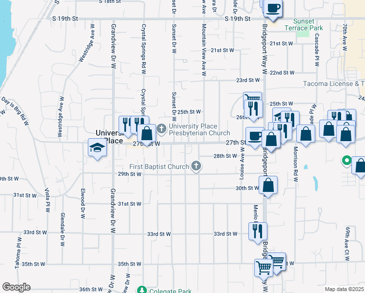 map of restaurants, bars, coffee shops, grocery stores, and more near 2708 Locust Avenue West in University Place