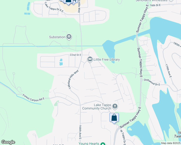 map of restaurants, bars, coffee shops, grocery stores, and more near 2410 169th Avenue East in Lake Tapps