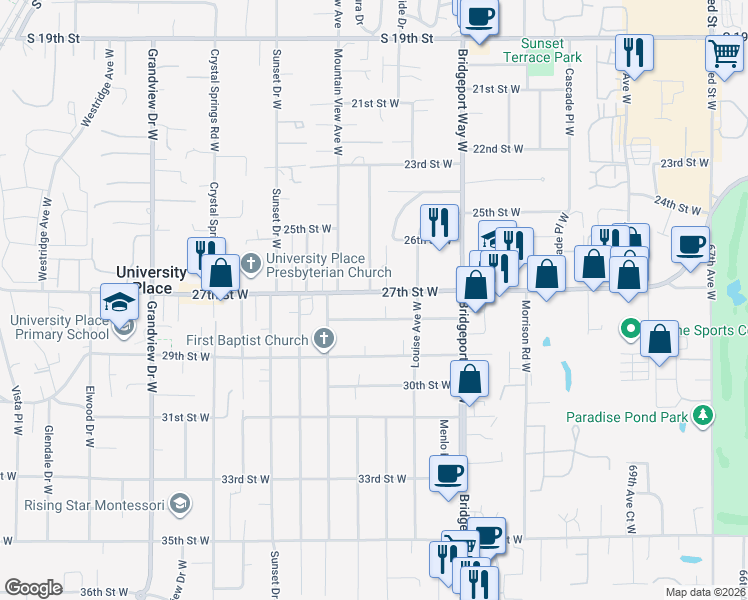 map of restaurants, bars, coffee shops, grocery stores, and more near 7802 27th Street West in University Place