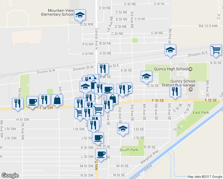 map of restaurants, bars, coffee shops, grocery stores, and more near 102 C Street Southeast in Quincy