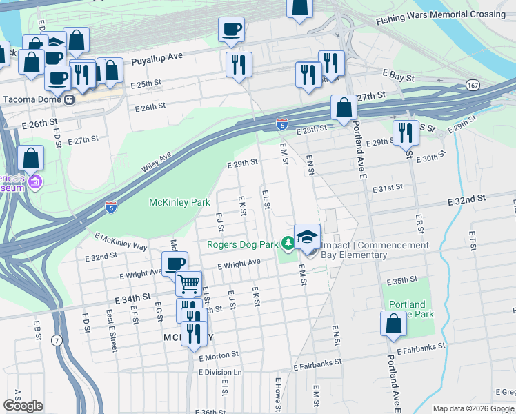 map of restaurants, bars, coffee shops, grocery stores, and more near 3016 East Valley View Terrace in Tacoma