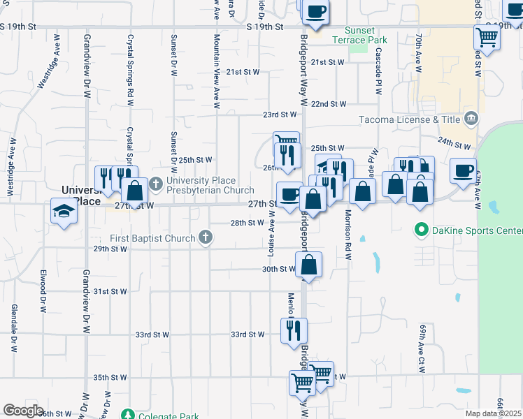map of restaurants, bars, coffee shops, grocery stores, and more near 7612 27th Street West in University Place