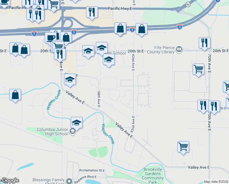 map of restaurants, bars, coffee shops, grocery stores, and more near 2341 58th Avenue East in Fife