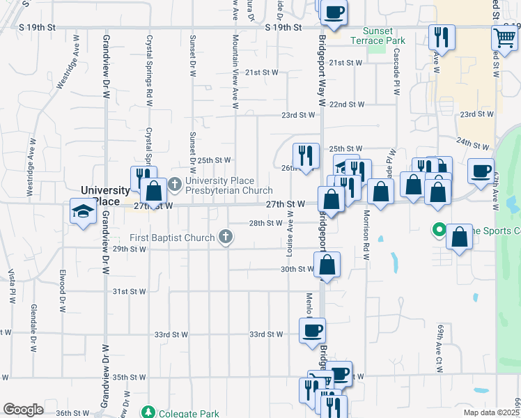 map of restaurants, bars, coffee shops, grocery stores, and more near 7802 27th Street West in University Place