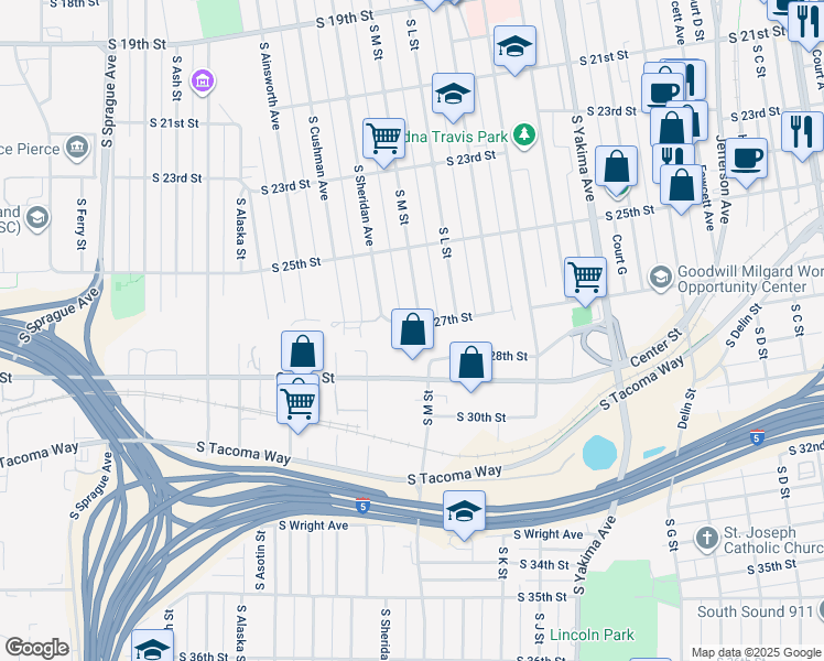 map of restaurants, bars, coffee shops, grocery stores, and more near 1308 South 27th Street in Tacoma