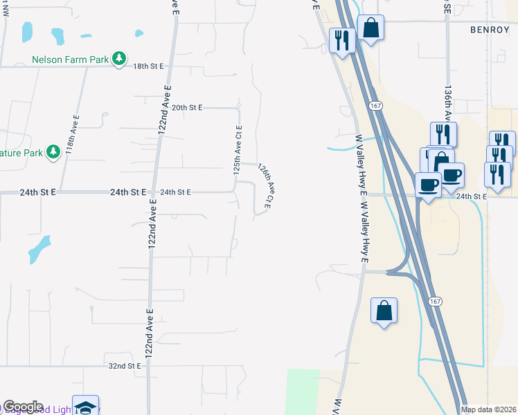 map of restaurants, bars, coffee shops, grocery stores, and more near 12607 23rd Street Court East in Edgewood