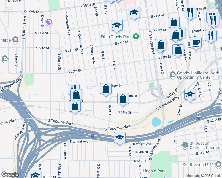 map of restaurants, bars, coffee shops, grocery stores, and more near 1308 South 27th Street in Tacoma