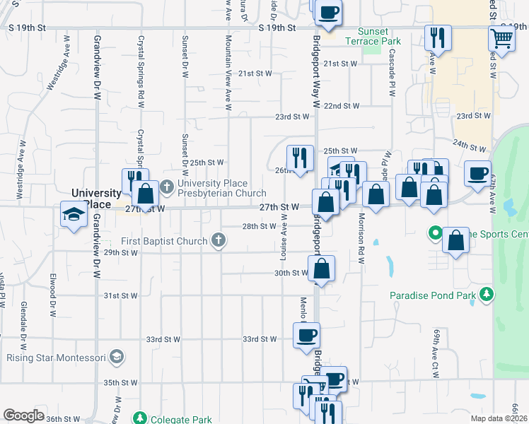 map of restaurants, bars, coffee shops, grocery stores, and more near 7612 27th Street West in University Place