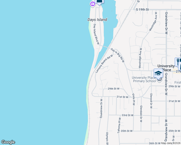 map of restaurants, bars, coffee shops, grocery stores, and more near 2711 Day Island Boulevard East in University Place