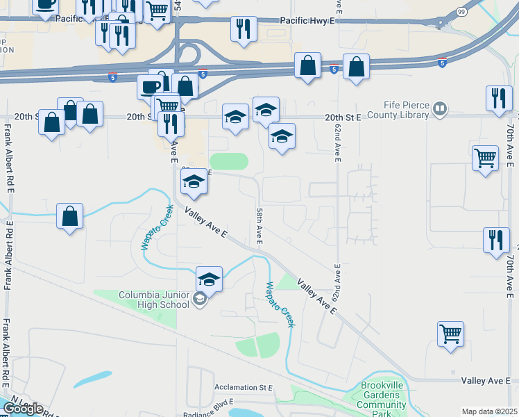map of restaurants, bars, coffee shops, grocery stores, and more near 2341 58th Avenue East in Fife