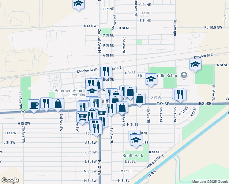 map of restaurants, bars, coffee shops, grocery stores, and more near 102 C Street Southeast in Quincy