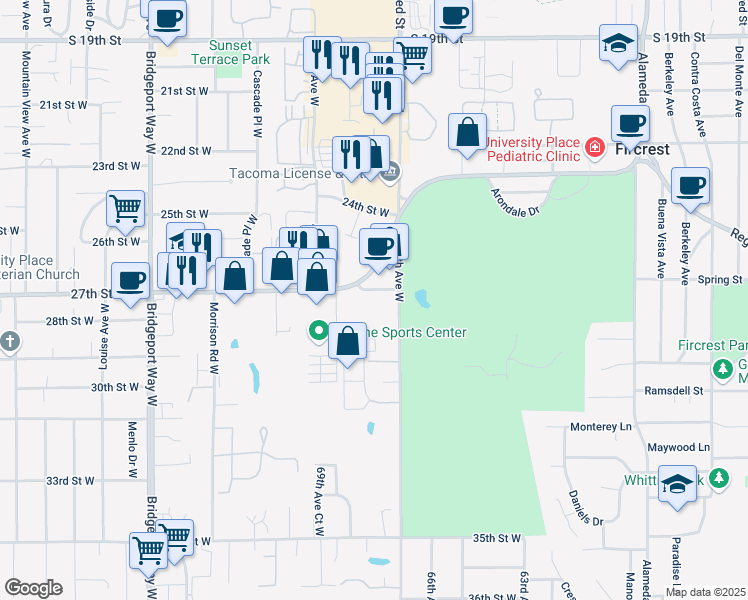 map of restaurants, bars, coffee shops, grocery stores, and more near 6712 27th Street West in University Place