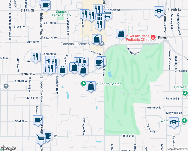 map of restaurants, bars, coffee shops, grocery stores, and more near 6712 27th Street West in University Place