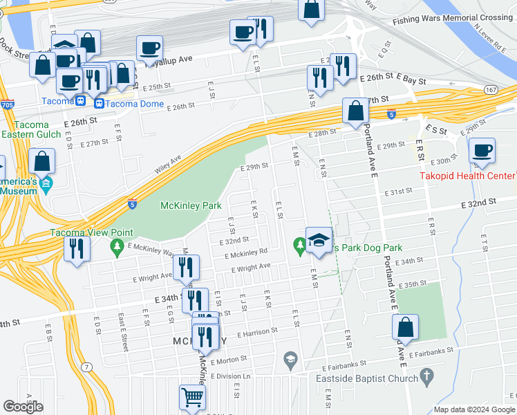 map of restaurants, bars, coffee shops, grocery stores, and more near 3011 East K Street in Tacoma
