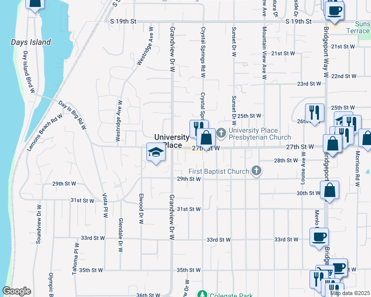 map of restaurants, bars, coffee shops, grocery stores, and more near 8312 27th Street West in University Place