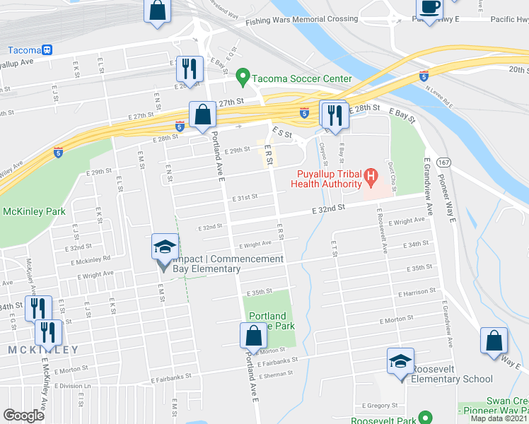 map of restaurants, bars, coffee shops, grocery stores, and more near 1643 East 32nd Street in Tacoma