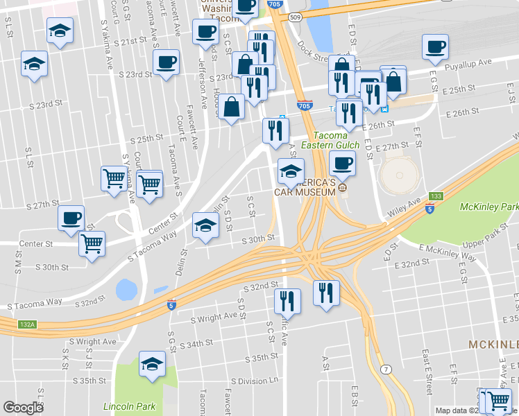 map of restaurants, bars, coffee shops, grocery stores, and more near 2817 South C Street in Tacoma