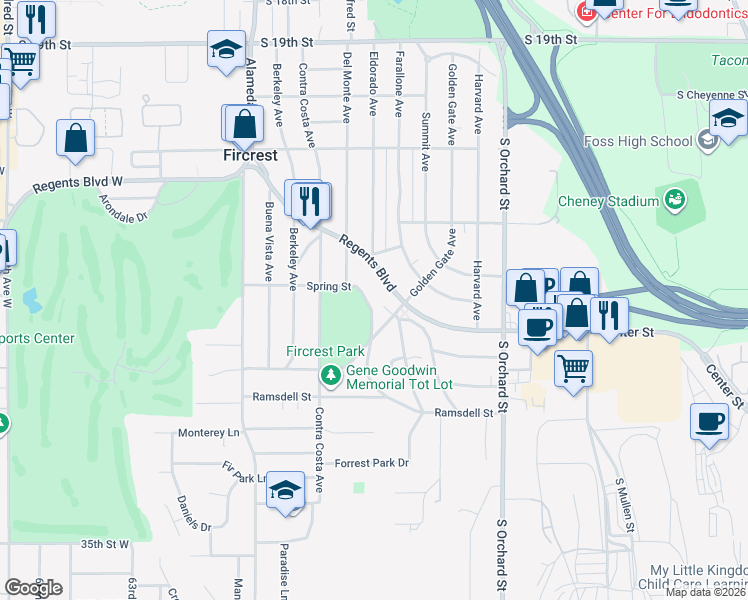 map of restaurants, bars, coffee shops, grocery stores, and more near 424 Spring Street in Fircrest