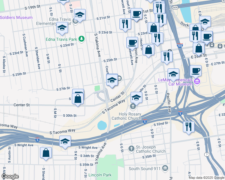 map of restaurants, bars, coffee shops, grocery stores, and more near 714 South 27th Street in Tacoma