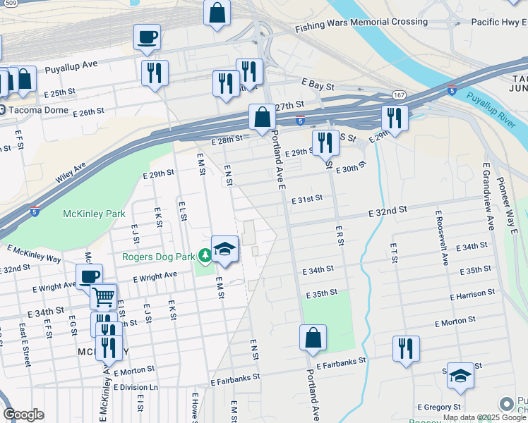 map of restaurants, bars, coffee shops, grocery stores, and more near 1443 East 32nd Street in Tacoma