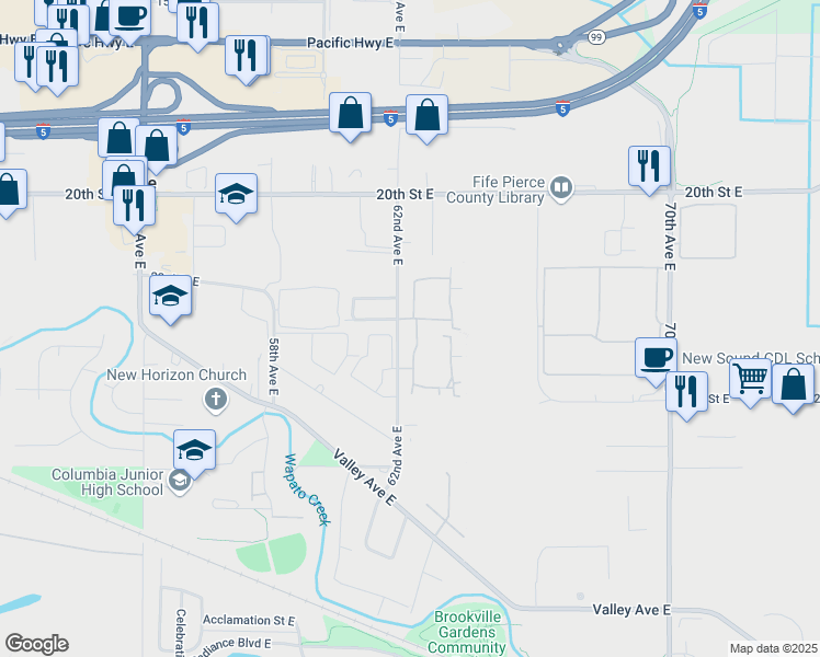 map of restaurants, bars, coffee shops, grocery stores, and more near 2449 62nd Avenue East in Fife