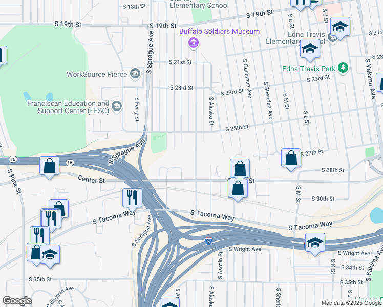 map of restaurants, bars, coffee shops, grocery stores, and more near 2532 South Wilkeson Street in Tacoma