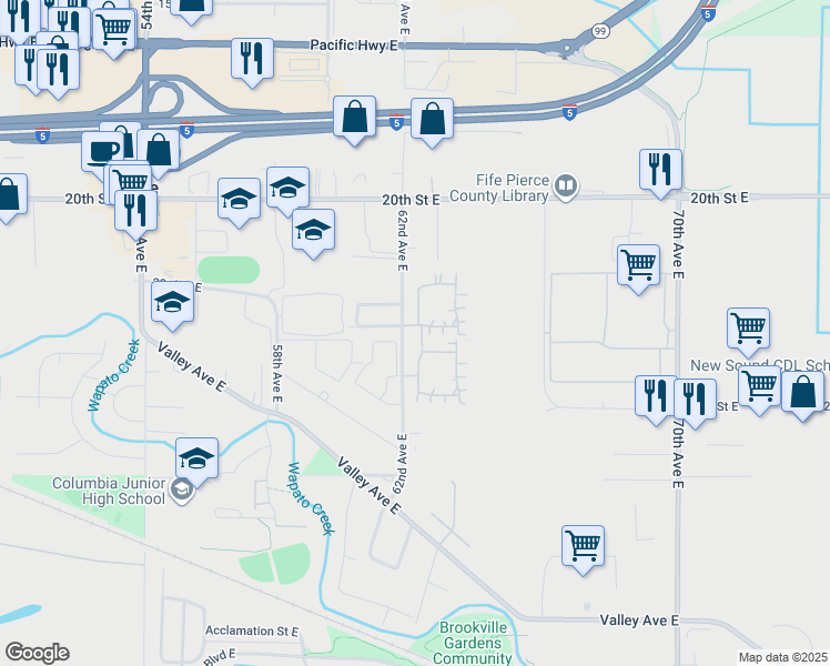 map of restaurants, bars, coffee shops, grocery stores, and more near 2449 62nd Avenue East in Fife