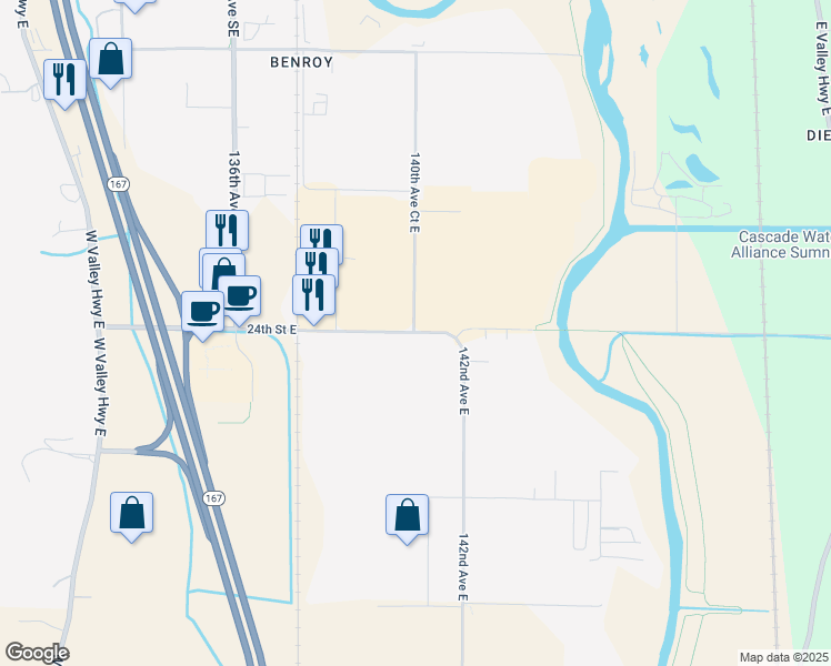 map of restaurants, bars, coffee shops, grocery stores, and more near 14000 24th Street East in Sumner
